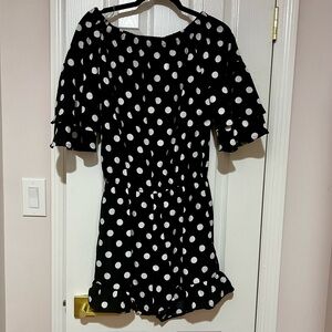 NWT S Eesome Black and White Polka Dot Ruffle Romper
